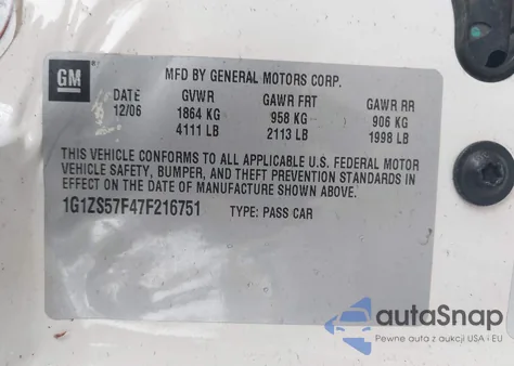 2007 Chevrolet Malibu Ls z USA, uszkodzony, nr VIN 1G1ZS57F47F216751